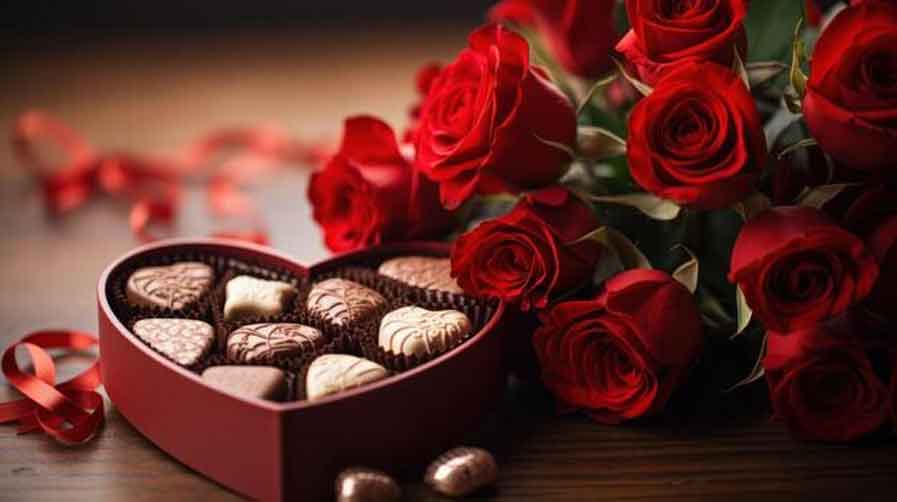 Romantic chocolate and red rose gifts for Valentines Day