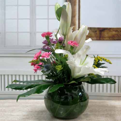 Oriental Lilium N Carnation In Vase-Lily Bouquet Birthday