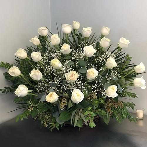 24 White Roses Funeral Bucket
