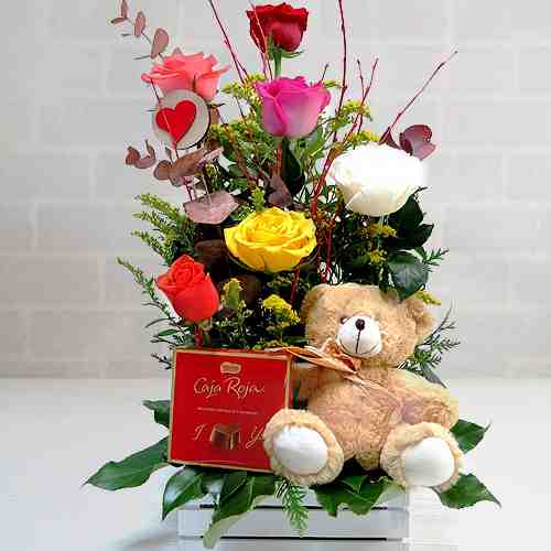Rose Teddy And Chocolate Arrangement-Floral Arrangements Valentines