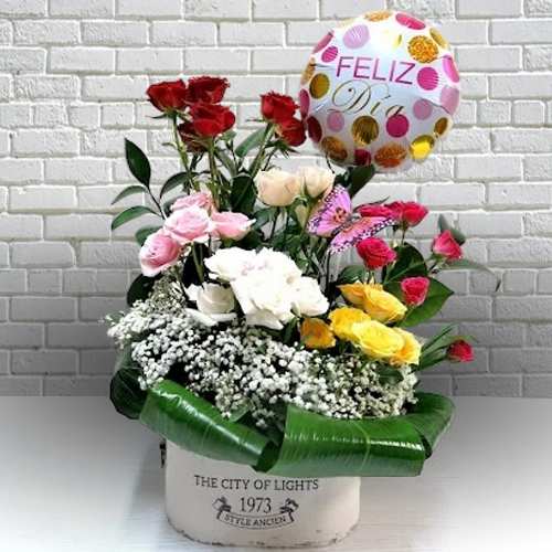 - Mixed Rose Arrangement With Balloon