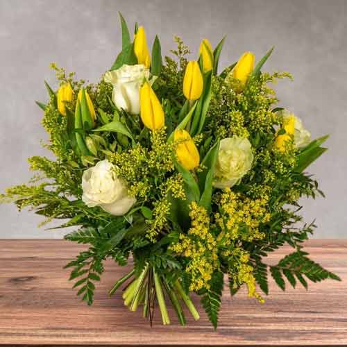 Sunny Tulip & White Rose Elegance Bouquet