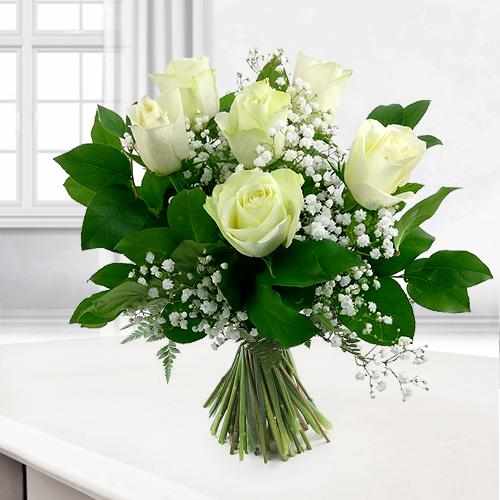 6 White Rose Bouquet-Birthday Roses Delivered