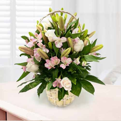 Rose And Lily Basket-Bereavement Flower Arrangement