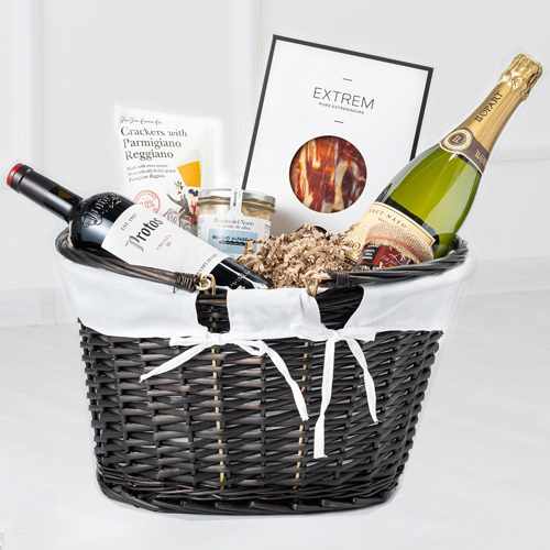 Iberian Ham Basket With Wine-Gifts For Anniversary For A Couple