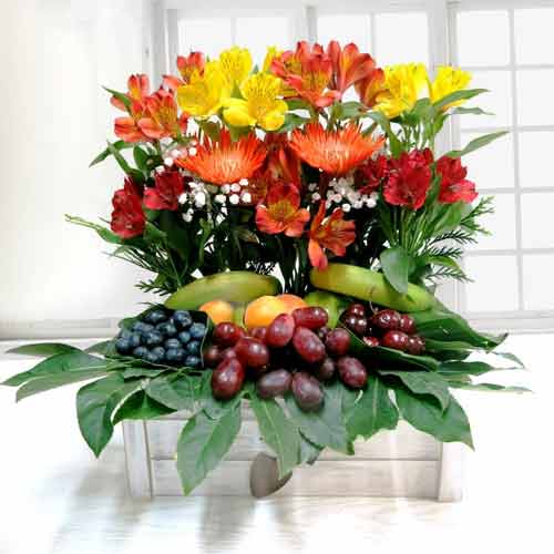 Colorful Flowers With Fruits-Flower And Fruit Basket Delivery