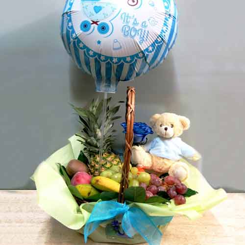 Fruits Teddy And Balloon Basket-New Born Mother Gift