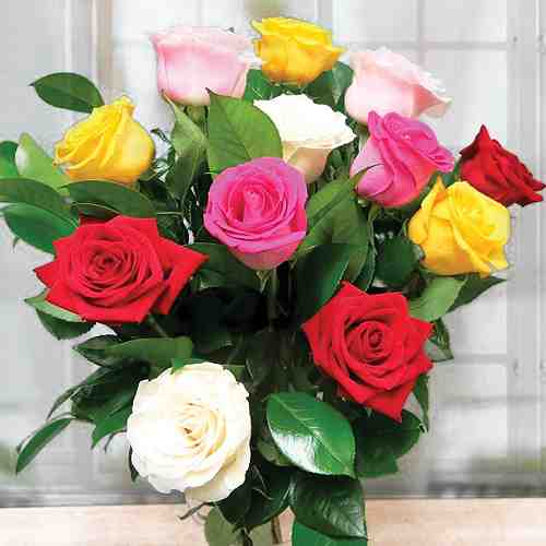12 Multi Color Rose Bouquet-Order Anniversary Flowers Online